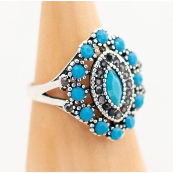 Bohemian Teal Evil Eye Ring Size 9 1/2 - T1 - Picture 2 of 3